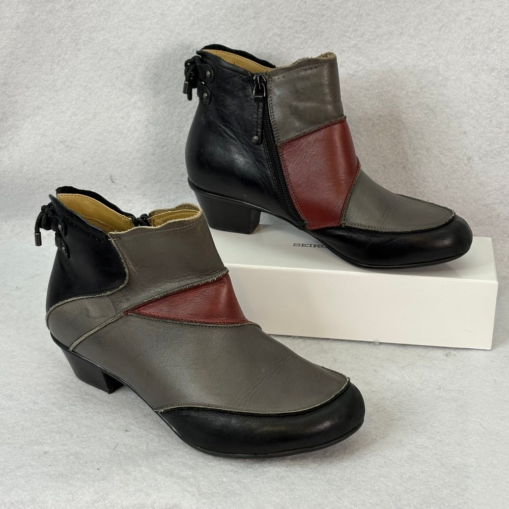 Aetrex Womens 8.5W‎ Samantha Black Grey Red Leather Patchwork Ankle Boots Witchy
